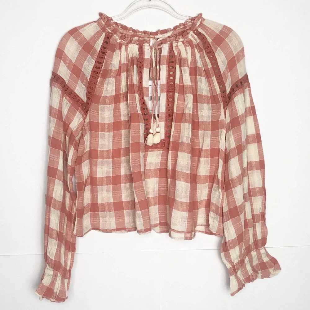 NWT Free People Honey Grove Rust Plaid Blouse